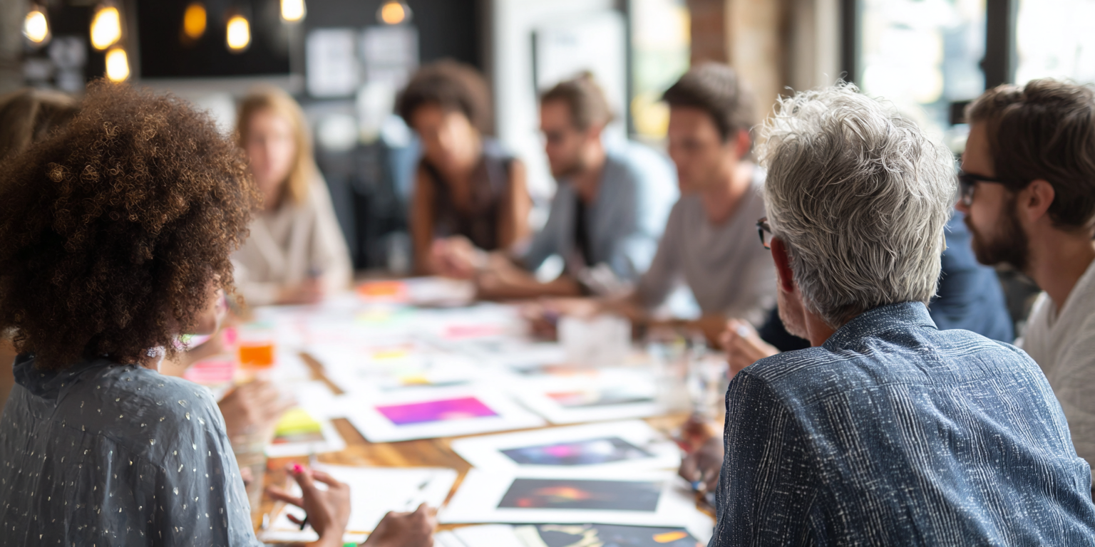 Mehrere Personen sitzen in einem Besprechungsraum. Vor ihnen auf dem Tisch liegen viele Papiere.