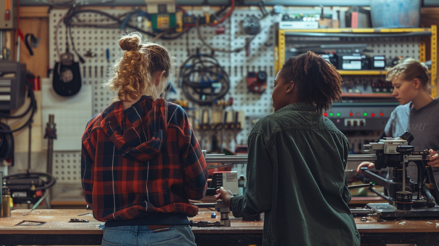 Drei Auszubildende stehen in einer Werkstatt