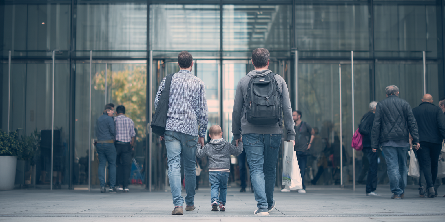 Zwei Männern mit einem Kind an der Hand gehen in ein Bürogebäude.